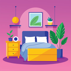 Vibrant and modern bedroom interior design with a comfortable blue bed, plants, and stylish decor elements
