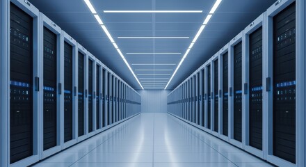 Modern data center with endless rows of server racks and bright overhead lighting