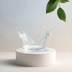 Dynamic water splash crown on minimalist product podium with natural leaves