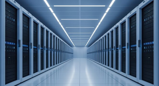 Modern data center with endless rows of server racks and bright overhead lighting