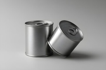 Mockup of two blank metallic food cans with easy open lids on a neutral grey background