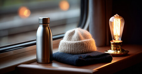 Cozy winter essentials on a windowsill featuring a stainless steel water bottle, knitted hat, folded sweater, and vintage filament light bulb glowing warmly