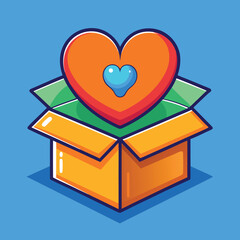 Open cardboard box revealing a large orange heart with a small blue heart inside, symbolizing love, gift, or care