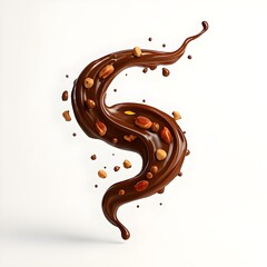Glossy liquid chocolate swirl with nuts, high speed splash motion
