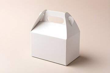 Minimalist studio shot of blank white takeaway carry box on neutral beige background