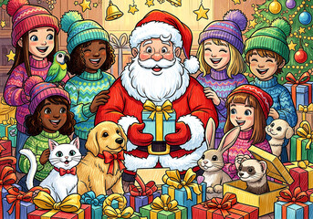 Colorful Cartoon Scribble of Santa, Kids, and Animals Unwrapping Christmas Gifts at a Party
