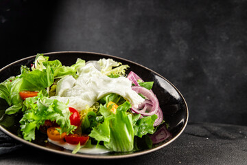 Burrata salad tomato, purple onion, green leaf lettuce tasty snack fresh gourmet food table setting rustic food top view copy space keto and paleo diet vegetarian food