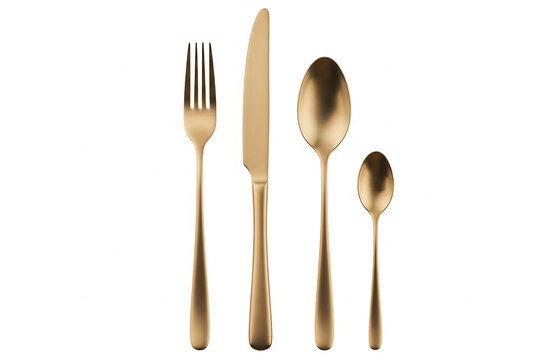 A sophisticated set of modern matte gold cutlery, including a fork, knife, tablespoon, and teaspoon, arranged for a luxurious dining experience, isolated on a white background
