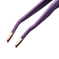 Close Up Of Purple Tweezers With Gold Tips Isolated On Black Background Macro Product Photography Studio Lighting