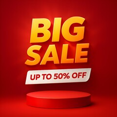 Dynamic Big Sale text banner with up to 50 off discount and red product podium