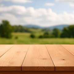 Rustic wooden table surface overlooking a vibrant, blurred summer landscape background