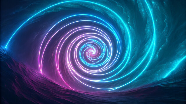Neon swirling vortex made of blue, magenta, and cyan light ribbons.