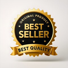 Premium metallic gold Best Seller badge with Best Quality ribbon on white background