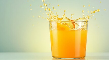 Refreshing orange juice splashing out of a clear glass, capturing the vibrant energy and freshness of a healthy, natural beverage