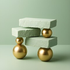Minimalist sage green podium balanced by metallic gold spheres, copy space