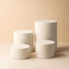 Minimalist scene with four white product display pedestals against neutral studio