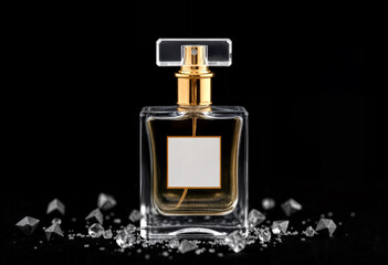 Elegant Perfume Bottle with Gold Accents on Black Background