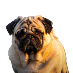 Close up portrait of a fawn pug dog with golden hour sunlight illuminating its face and frost on its nose isolated on black background