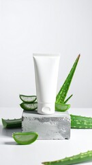 White tube & aloe vera slices on concrete, clean product