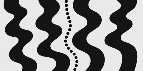 Abstract design with black and white wavy lines and a vertical line of black circles pattern art