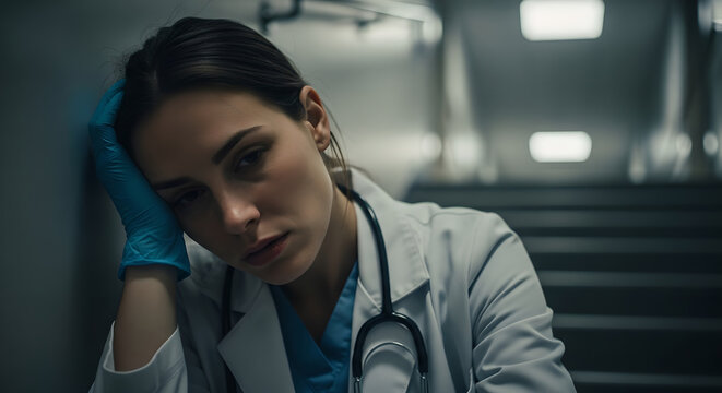 Woman doctor exhausted leaning against hospital corridor wall with blue gloves. Medical professional fatigue and burnout in healthcare. Stress awareness for doctors and nurses in clinical environment. - Powered by Adobe