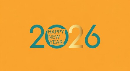 Happy New Year 2026 with Teal and Gold Text on a Vibrant Orange Background