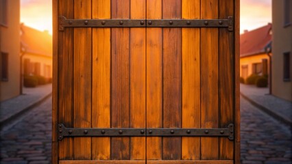 Rustic wooden door with old iron hinges closeup