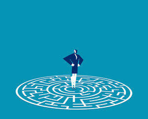 Robot. Artificial intelligence standing in the center of a maze