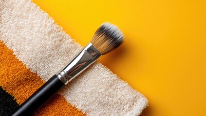 Makeup brush resting on a towel, yellow background, beauty product.