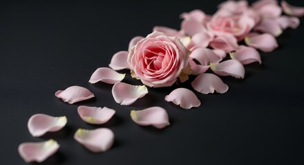 Elegant pink rose surrounded by scattered petals on a dark surface, concept for valentines day, romantic declaration and wedding invitation