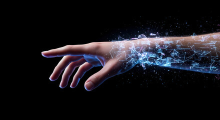 Hand reaching forward with glowing digital fractures along arm. Futuristic cybernetic transformation and data disintegration concept. Virtual reality technology and innovation in cyber world.