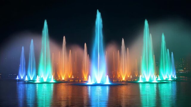 Spectacular water fountain show at night featuring vibrant blue green and orange lights creating a mesmerizing display for entertainment and touri