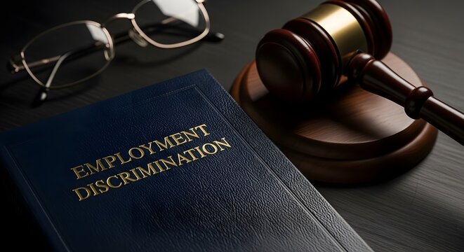 Employment discrimination law book with gavel and glasses