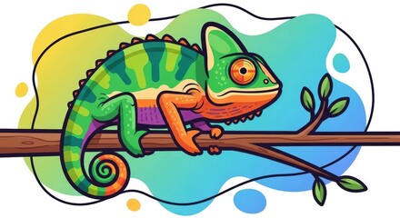 Naklejka premium Colorful chameleon on branch with vibrant background