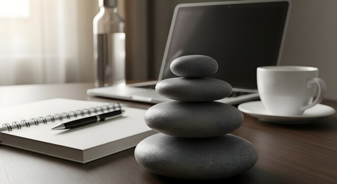 Zen stones on desk with laptop and coffee cup - Powered by Adobe