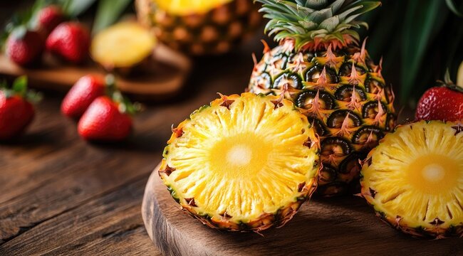 Fresh pineapple and strawberries on wood