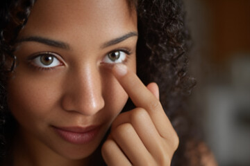 Intimate Gaze: A close-up view capturing the intensity of human connection through a captivating portrait of a young woman's eye, framed by soft curls and skin tone, is the essence of her beauty