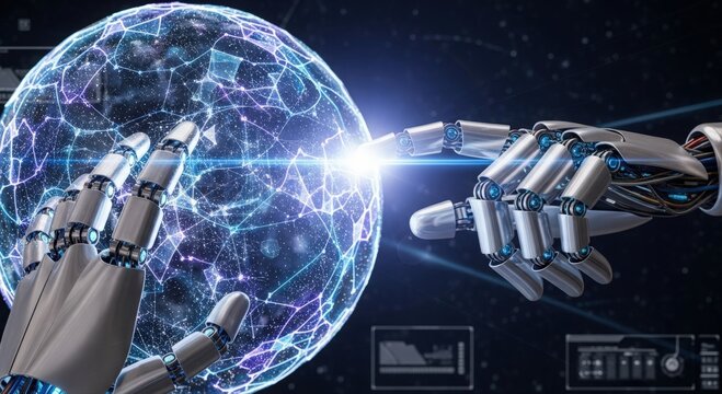 high technology laboratory scene featuring robotic hand manipulating luminous internet of neural pathways