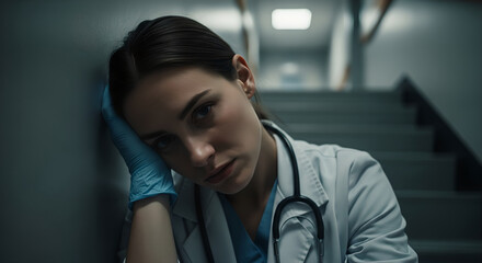Woman doctor leaning against hospital corridor wall near stairs. Exhausted medical professional with stethoscope and gloves. Healthcare worker fatigue and burnout concept in clinical setting.