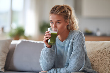 Woman enjoying a Healthy Green Juice: A woman enjoys a healthy green juice, embracing wellness and a vibrant lifestyle. The image captures the essence of well-being, healthy habits.