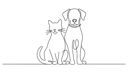 Dog and cat illustration in line drawing style, isolated on white background