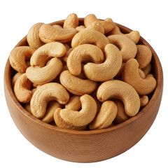 Close up of roasted cashews with salt in a wooden bowl isolated on a transparent background