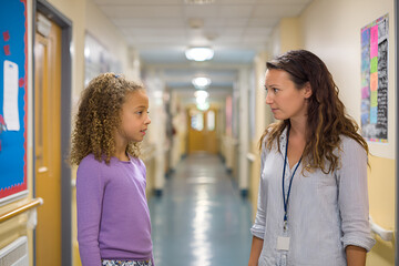 Classroom Counsel: A heartwarming interaction unfolds between a teacher and a student within the structured environment of a school hallway, portraying guidance and support.