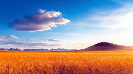 A wide, sun-drenched field of golden grass stretches towards a distant mountain range under a bright blue sky with fluffy clouds.