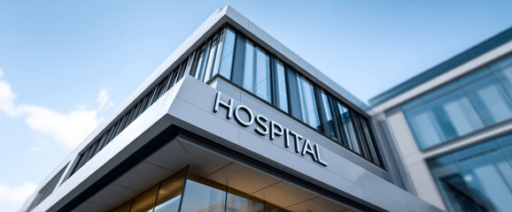 Obraz premium Modern hospital building exterior with large glass and clear blue sky background in daytime urban setting
