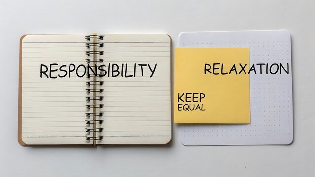 A notebook split with Responsibility and Relax concept notes - Powered by Adobe