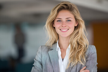 Confident Professional: A stunning, smiling professional woman with flowing blonde hair, exudes confidence. Her friendly, open demeanor radiates success and approachability.
