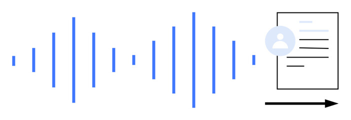 Blue soundwave transitioning into a user profile with text on a document. Ideal for technology, AI, productivity, communication, transcription, digital tools, automation. Simple flat metaphor