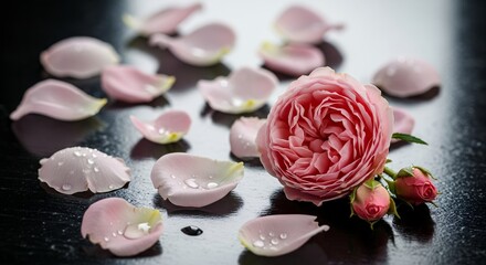 Close-up of a pink rose and scattered petals with water droplets on a dark surface, concept for wedding invitation, spa decor and floral wallpaper