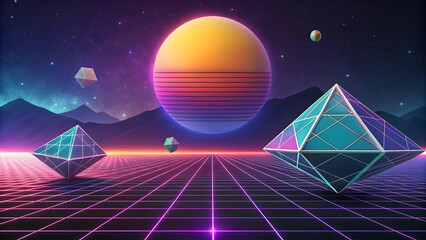retro futuristic synthwave sunset with neon grid and geometric shapes
